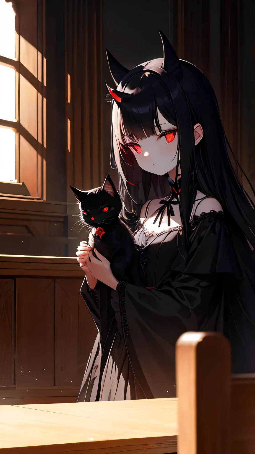 masterpiece、high image quality、Vertical illustration、dark fantasy、elegant gothic decorative frame、Little black cat(with red eyes and small horns),Witch Ceremony