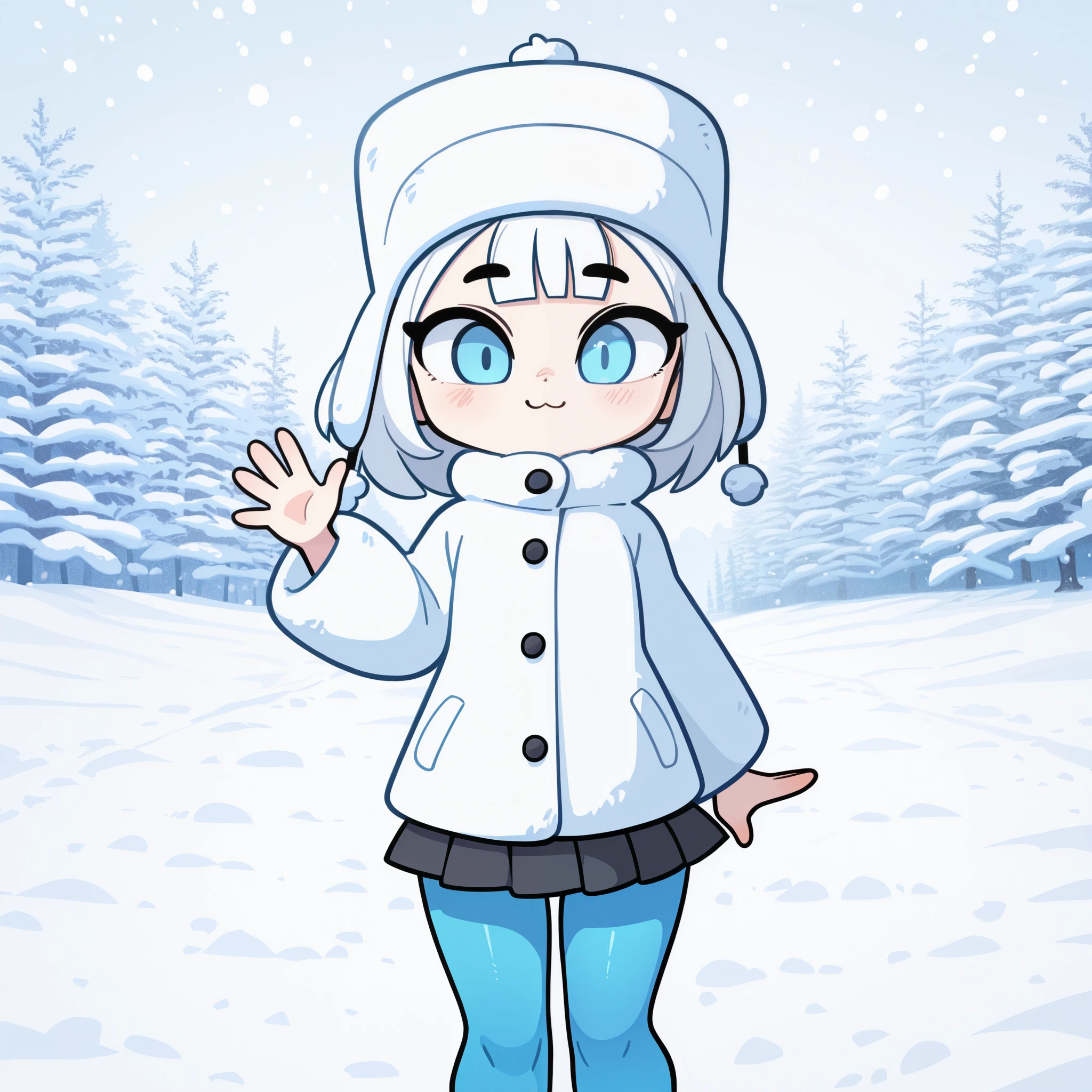 1girl, solo, , short white hair, middle bangs, blue eyes, white fur coat, trapper hat, black pleated skirt, blue pantyhose, :3, smile, cute, waving hand, standing, looking at viewer, snow background, from the front view, diives