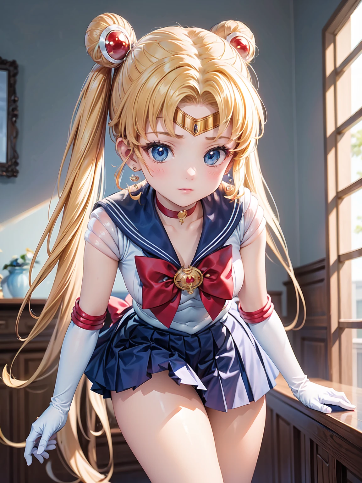 masterpiece, highest quality, High Resolution, Month 1, 1 girl, alone, Sailor Warrior Uniforms, ((Sailor Moon:1.3)), Usagi Tsukino, blonde, Magical girl, blue eyes, White panties, Red ribbon, Red scarf, Elbow hand pockets, tiara, Blue Skirt, Pleated skirt, mini skirt, choker, White gloves, jewelry, Earrings, smile, The background is space (Amazing details, Excellent lighting, Wide-angle), full moon, ((Showing panties:1.5)),Back view, turn around