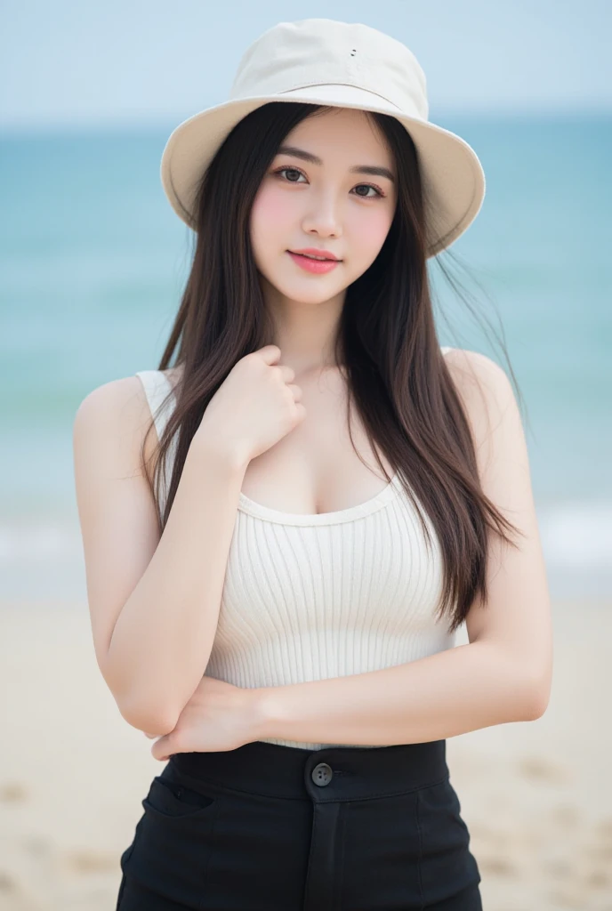((Best quality, A masterpiece in 16K quality:1.3)),A young man, Beautiful and lovely Korean actress,Full body image,Extremely beautiful and exquisite,Black hair,Pouting Smile,Delicate, beautiful and fair skin,Realistic and realistic,Exquisite and complete facial features,Detailed depiction of face,High nose bridge,smooth hair,Extremely fine hair,Femininity,High and tall,Thin,real,White Teeth,tie up with hair,Surrealism,sandals,Full body shot,Forward tilt angle,Ultimate image quality,Highest precision,Precise and perfect human anatomy。Blue sky and white clouds,Blue sky and white clouds,Sunlight,dairy cow, sheep, (Chiffon Top,Chiffon shorts)(Telephoto shooting,)Express the landscape,highlight portrait。Sitting on the beach。Wearing earrings