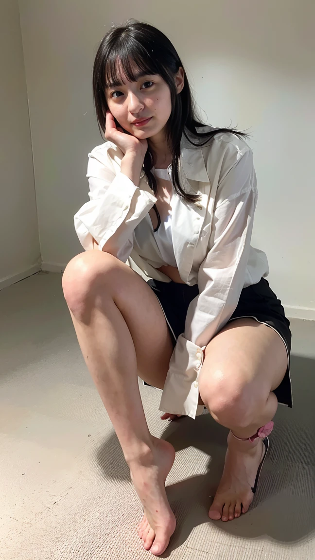 Short black hair tied in a ponytail, pinned light blue hairpin, white skin, Chinese, young, thick eyebrows, black eyes, biting lips, black silk rimmed glasses, tight white T-shirt, medium chest, black sports trousers, white socks, white sneakers, in the classroom, sitting on a chair, alone, solo, realistic, 8k, masterpiece, high resolution