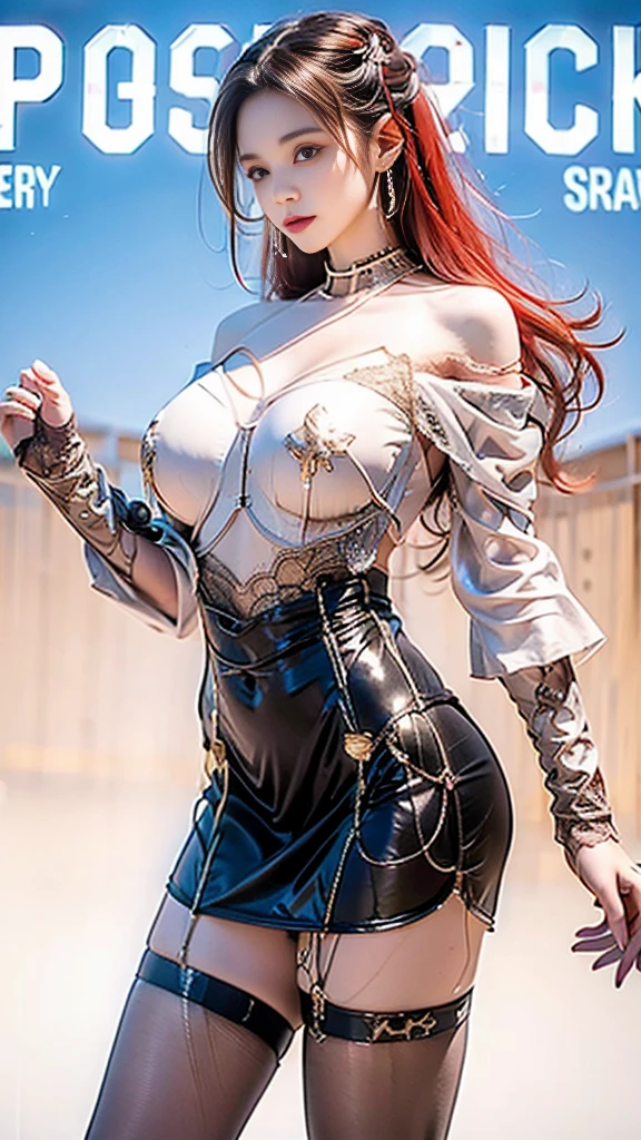 photorealistic, high resolution, 1women, mature female, solo, hips up, look at viewer, (detailed face), tattoo, Miss Fortune | League of Legends, red hair, wavy hair, corset, pirate hat, bra, strap slip, bare shoulders, detached sleeves, wide sleeves, pants
