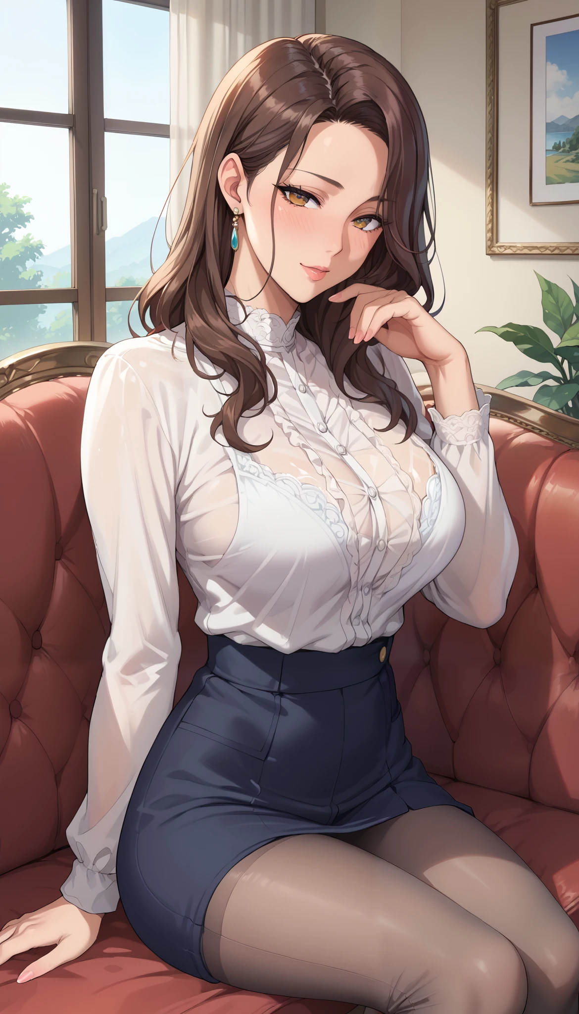 Girl seen from the side , Vol sidewaystuous women, Older, Big Breasts, mature woman, of motherhood, wide waist , score_9, score_8_ sideways, score_7_ sideways, score_6_ sideways, source_anime, beautiful face, expressive eyes, detailed eyes panty pants on pantyhose , alone, close- sideways, sitting , Sofa, indoor, Scenery, dramatic lighting, anime screencap, Enchanting Smiles