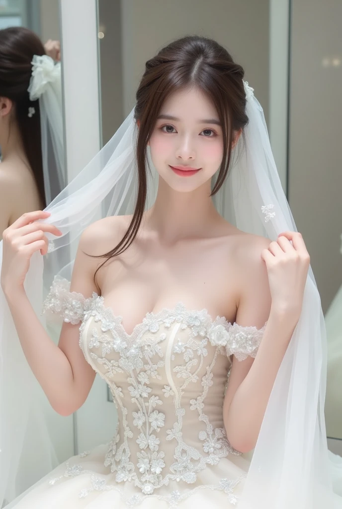 ((Best Picture Quality, 8k, tmasterpiece:1.3)), 1girl, perfect figure beautiful woman:1.3, ,((wedding gown，short  skirt))，Ultra-fine face, 詳細な目, 二重まぶた，ssmile