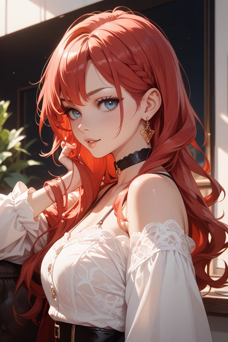 (Masterpiece), Expressive eyes, Perfect face, 1 girl, Smile, ,cleavage,red tinted hair,looks into camera,Blue clothes,Off-the-shoulder attire