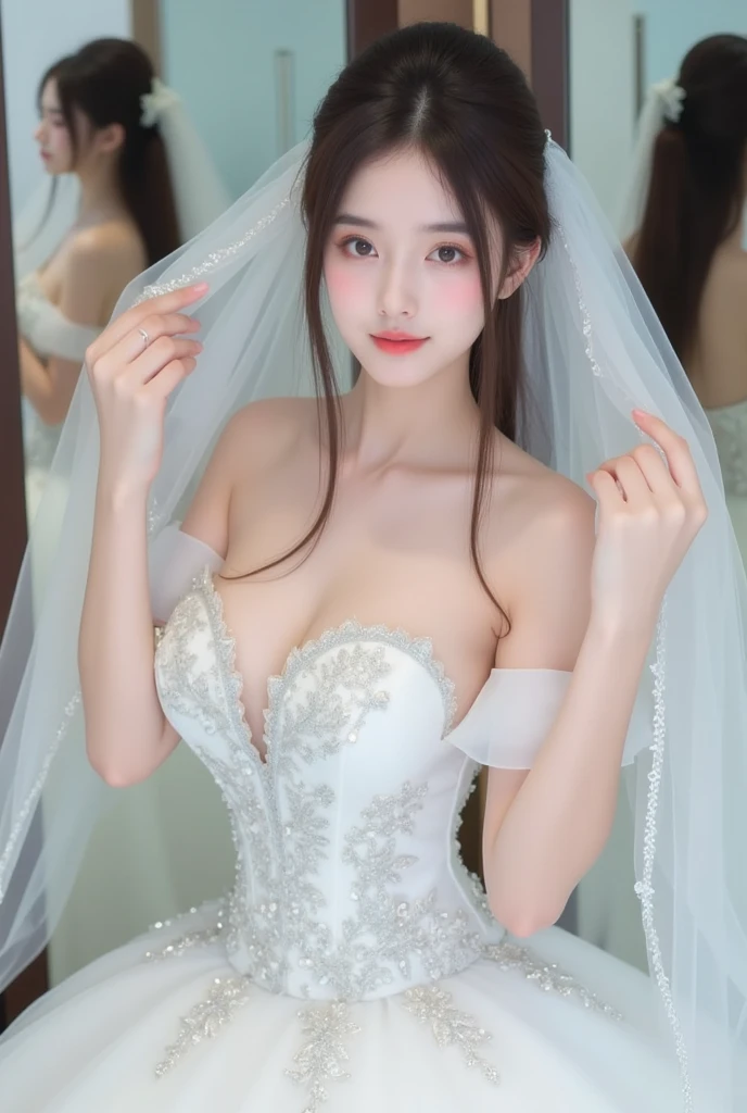Best quality, (真实感:1.2), Single photo, 独奏, shiny skins, A detailed face, Face focus, Black hair ,(looking at viewert:1.5), 黑The eye, Bare shoulders, Sexy wedding dress,Gorgeous jewelry,Gorgeous wedding dress,(photore:0.8),legs separated,Pubic hair shows through, Bare upper body,breast enhancement,Slimming the waist,Beautifully embroidered sexy and gorgeous wedding dress,Decorated with beautifully embroidered wedding dresses,(huge tit:1.4),Pregnant woman, pregnant belly,Eight months pregnant