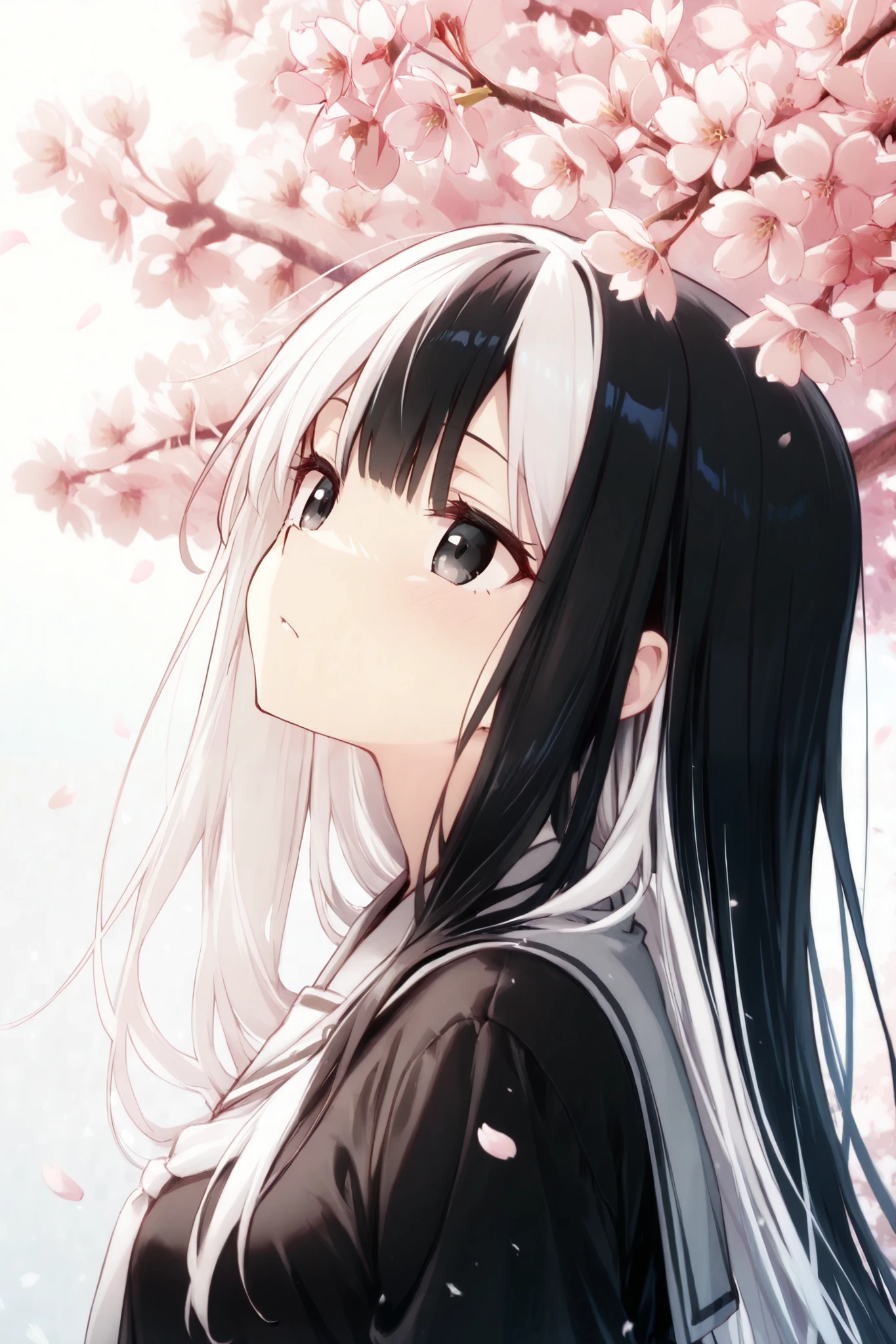 In the girl's anime style、long black and white 2-tone hair、the bangs are straight up to the top of the eyes、let the long back hair flow in big waves、make the hair slightly shiny。Also、Please add a scene of cherry blossoms blooming in the background。