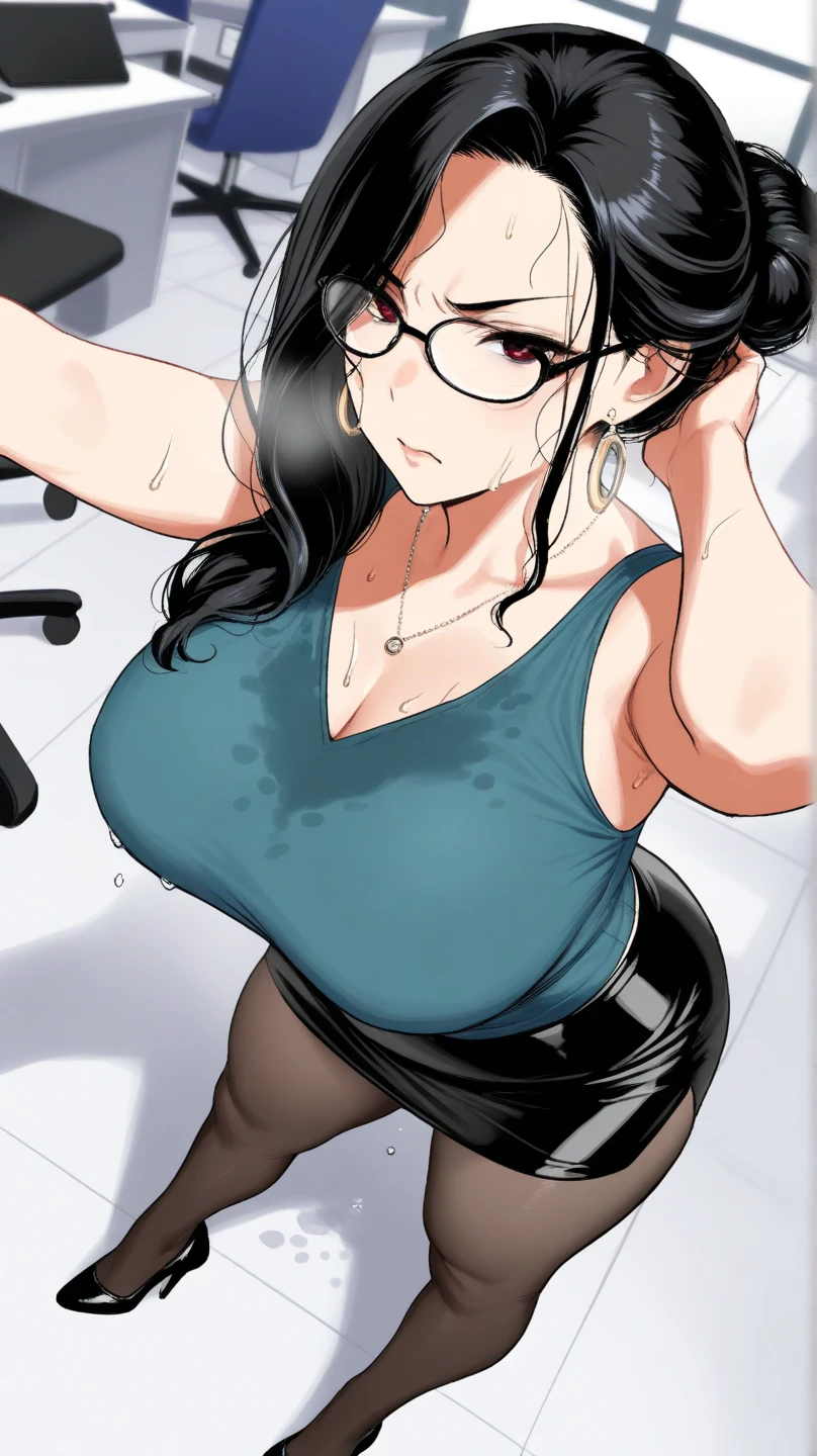 score_9, score_8_up, score_7_up, score_6_up, score_5_up, score_4_up, BREAK 1girl, black hair, hime-cut hair, straight hair, long hair, blue eyes, thick lips, scowl, long eyelashes, half-closed eyes, black-framed eyewear, round eyewear, black bra, blunt bangs, adult, black eyeliner, purple lips, pink eyeshadow, looking at viewer, BREAK solo, standing, cleavage, large breast, adult, skinny, from below, arched back, thigh gap, office shirt, office pants, BREAK (white background:1.2), simple background, dynamic pose, dynamic angle, angled shot,

