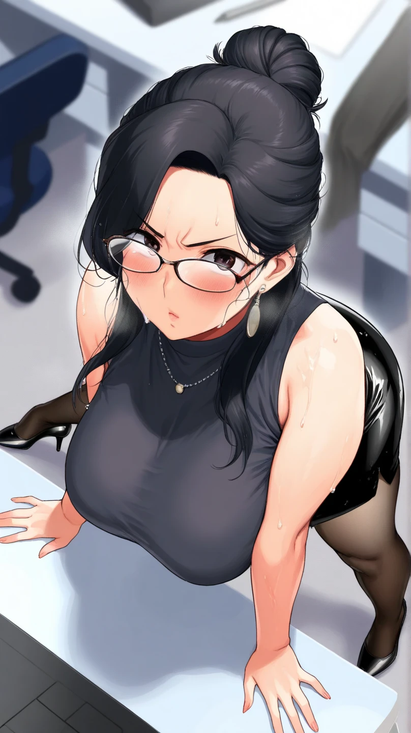masterpiece, best quality, detailed face, detailed eyes, <lora:HULisa:0.5>, HULisa, black hair, ponytail, glasses, semi-rimless eyewear, ribbed sweater, office, desk, computer, sitting, office lady, office chair, miniskirt, (style-fumio:0.8)
