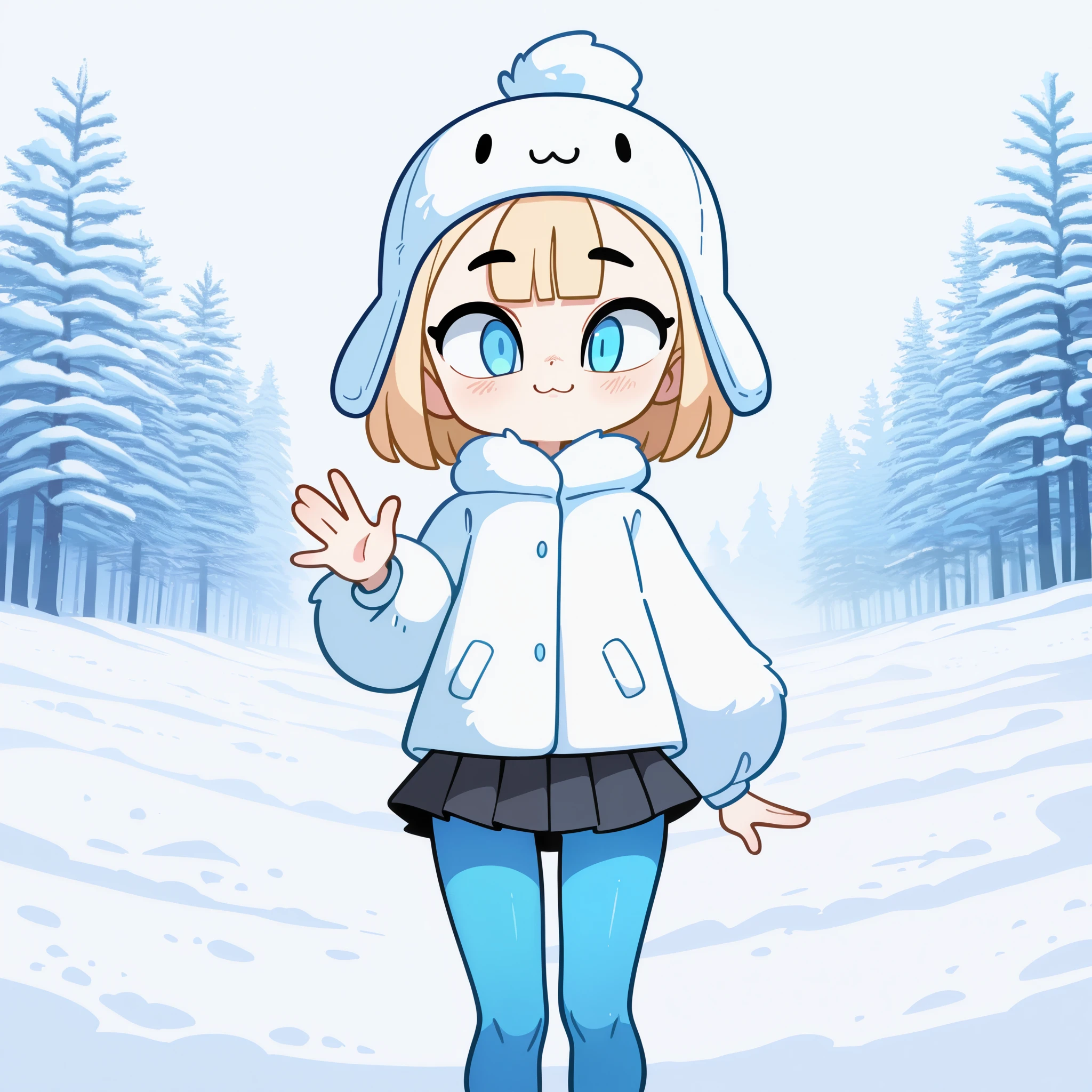 1girl, solo, , short blonde hair, middle bangs, blue eyes, white fur coat, trapper hat, black pleated skirt, blue pantyhose, :3, smile, cute, waving hand, standing, looking at viewer, snow background, from the front view, diives