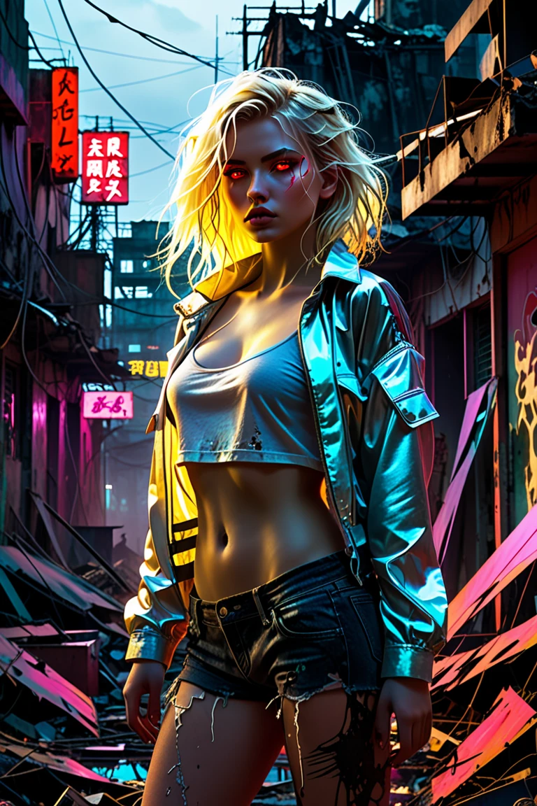 Night time, darkness, Lighting from windows, ray-traced lighting, warm glow. 
masterpiece, 1 female，13 years old, Raw photo，Photorealism，High resolution，Best Quality，High Definition, Perfect composition, 
Perfect face, Perfect body, 32K，
Cinematic lighting，torn and ripped clothing, jacket open, torn large fishnets, naked chest, Real Girl，short blonde，ruined city background, messy hair, 
seductive, lust, lit from the building lights, glow side, stunning
