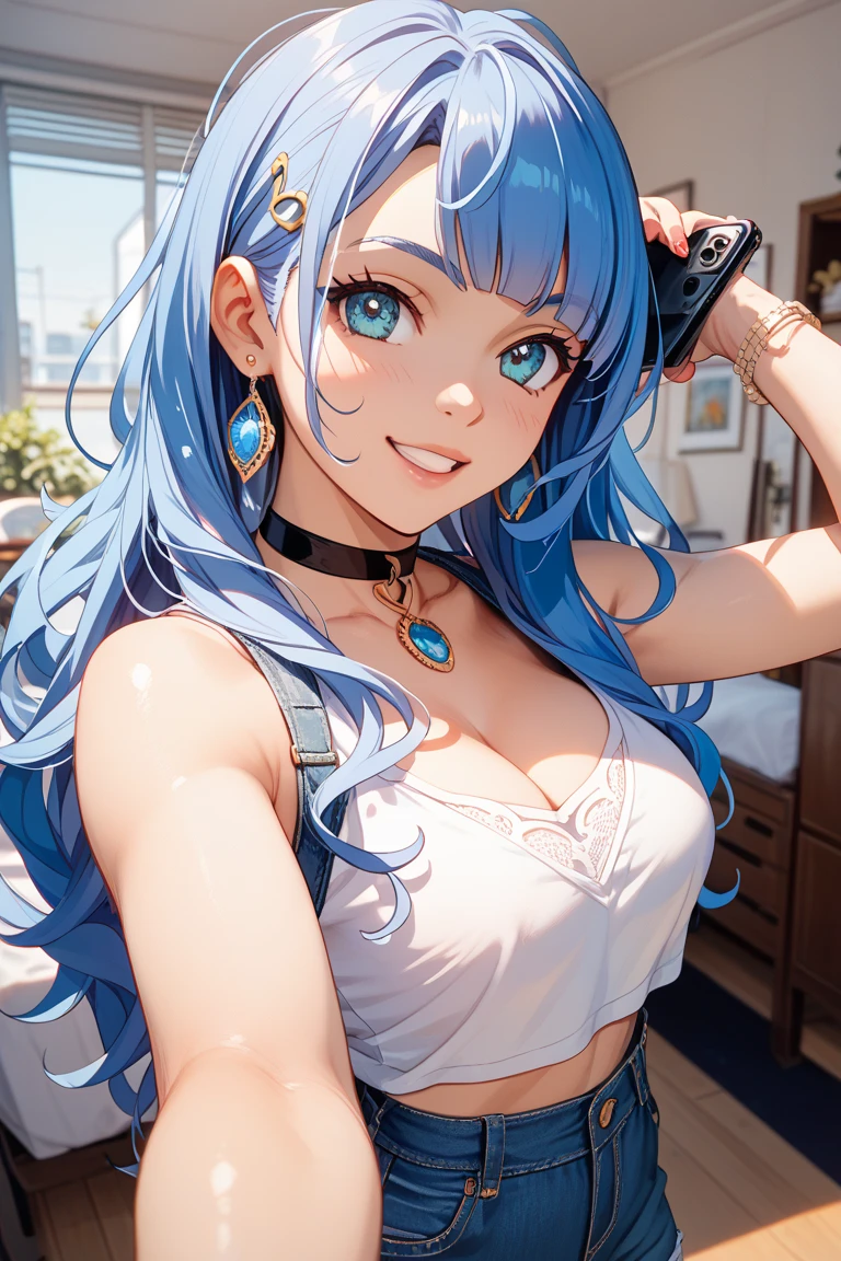 Best Quality,High resolution,8k,finelity detailed background,Masterpiece:1.2),beautiful girl,Shiny light blue hair,messy hair,Light blue eyes,Gentle look,A refreshing look,smile,Best quality,Best Quality,Aesthetic and aesthetic:1.2,Best details((Super detailed))(High-definition CG illustrations),cropped shirt,Shorts,Slender body,Inside the room,smile,blush,cute,Scrounge,Looking up,Being spoiled,super model