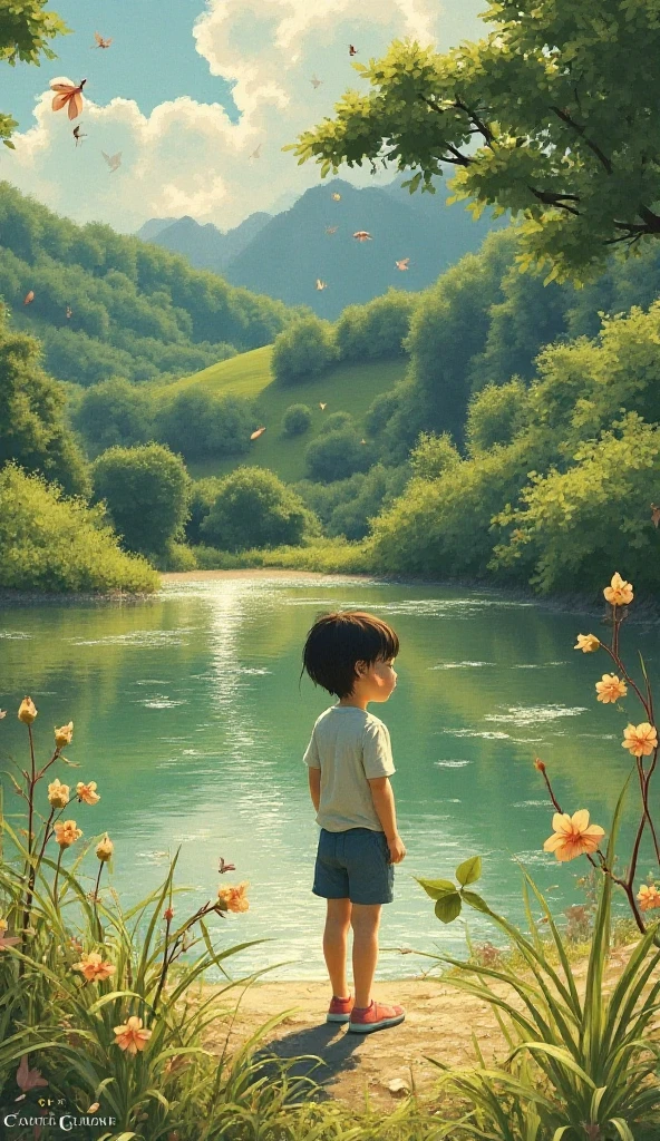 A boy looking at a landscape with flowers