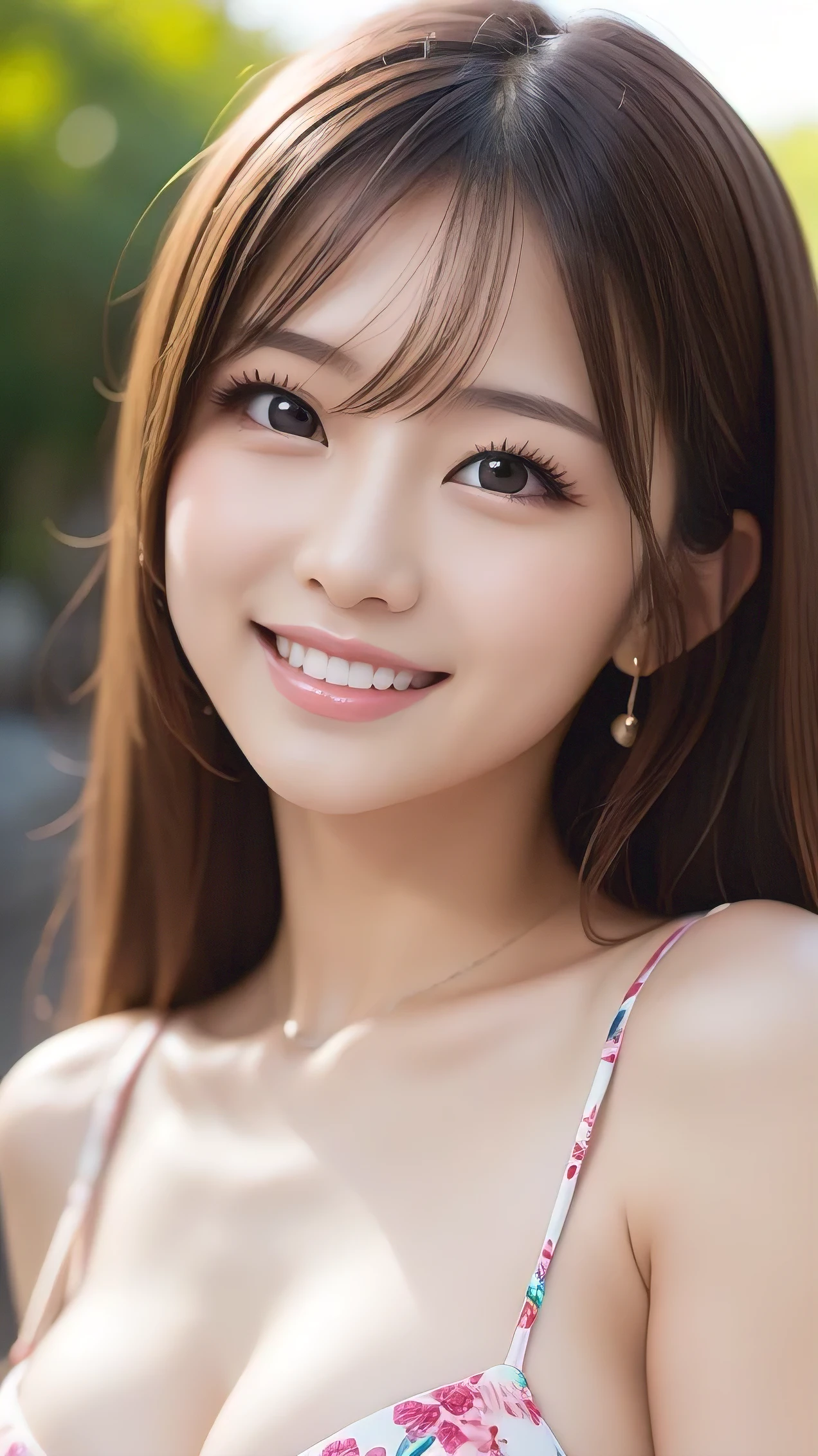 one girl、((smile:0.1))、pretty girl、brown hair、baby face、young、delicate girl、Upper body、small breasts、unreasonable precision、Super detailed、camisole、completely flat、Honesty、thin arms, professional lighting, film grain, chromatic aberration, (Eye and face details:1.0), (Bokeh:1.1)、software:1.5)))、 highest quality, 8k, 14 years,