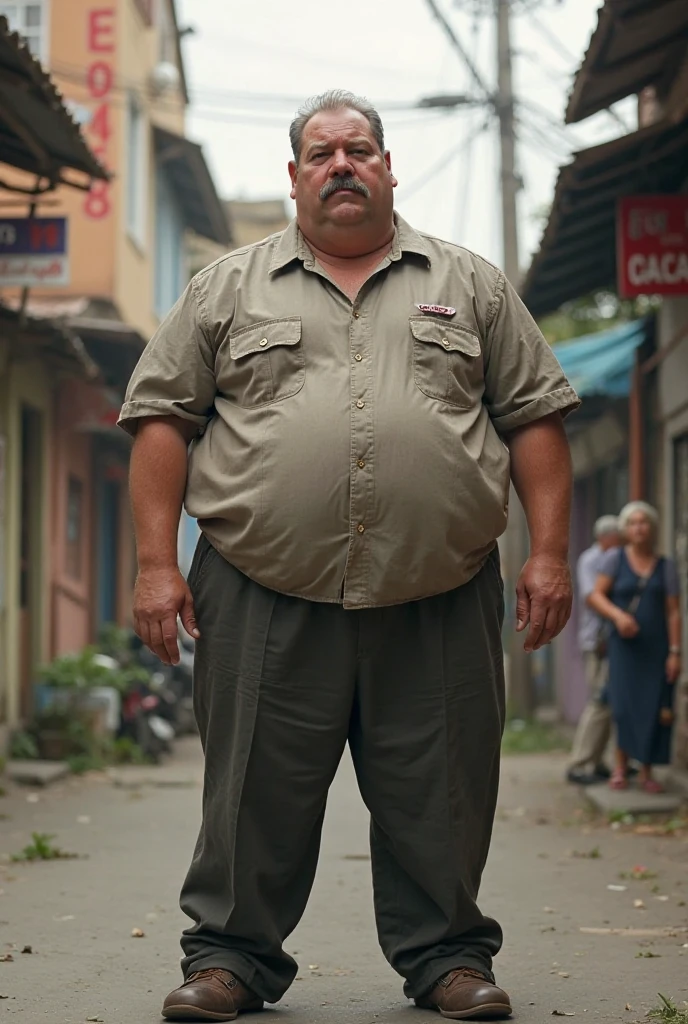 Man Kim Jong Un, Wear a long green bohemian shirt..., Wear bootcut jeans..., The crotch of the pants is bulging and large...., Stand comfortably...., Wear white sneakers.., Standing on the side of the road in Bangkok, full body picture