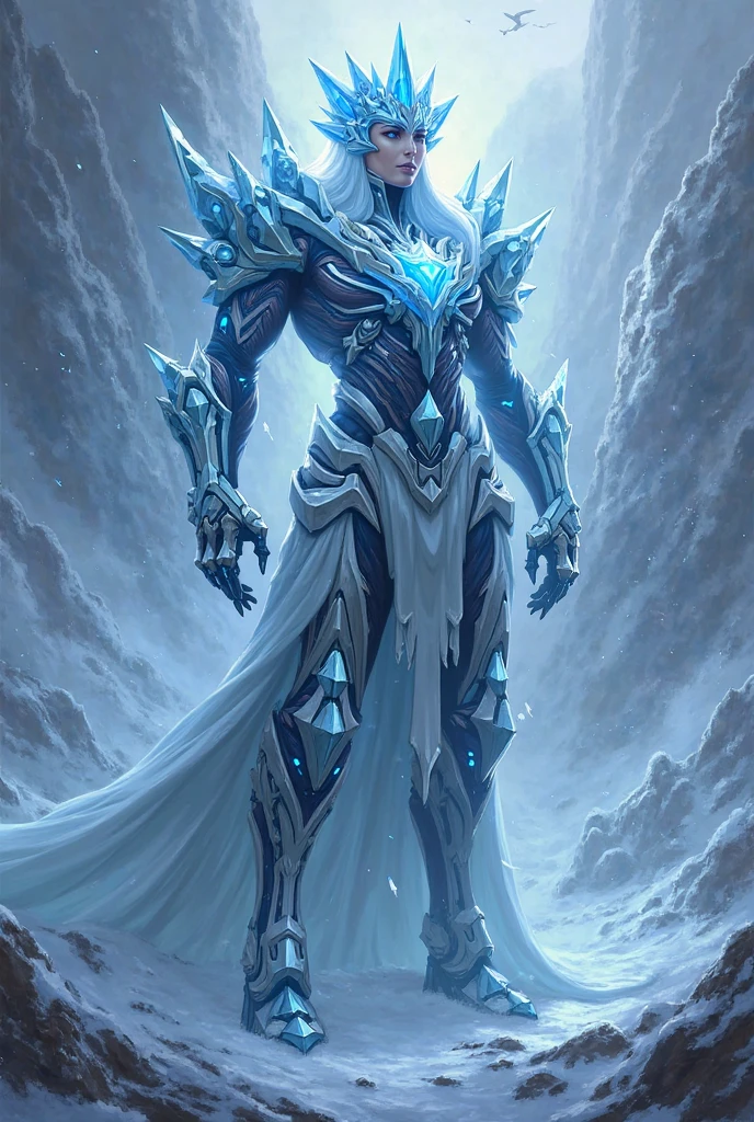 ((((Massive, tall, beautiful, buff, muscular brown skinned woman mage with white hair, huge angel wings, ginormous bulky muscles, holding a ice mage staff and wearing a beautiful hooded white enchanted robe with long long skirt)))), (close view), vascular, massive muscle, big breast, massive biceps, hyper muscle shoulders, hyper muscle triceps, ((long straight hair)), blue eyes, (wearing an extremely intricate robes, magical robes), (white mage boots), long skirt, smirk, white gauntlets, (in a dark snowy Mystical forest), evening, Vascular arms, hyper muscles arms, hyper muscle legs, massive arms.