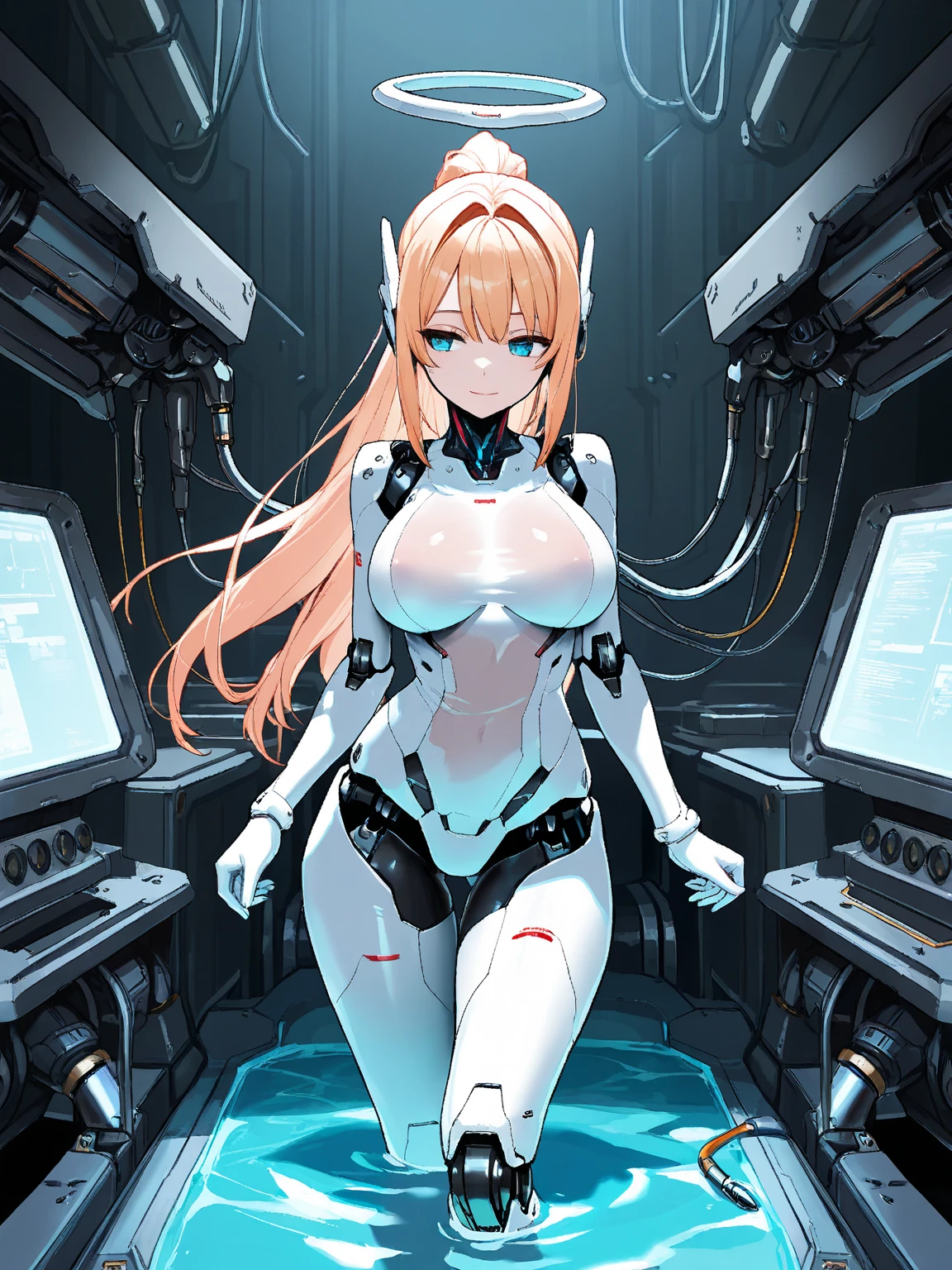 female, skinny, narrow waist, breasts, wavy blonde hair, red eyes, mechanical body, robot body, mechanical joints, robot, mechanical girl, huge breasts, perfect thighs, sitting, garage, cowboy shot, masterpiece, plastic skin, pale, headgear, smiling, robotic legs, synthetic, cyberpunk, leaning forward, looking at viewer, swimsuit