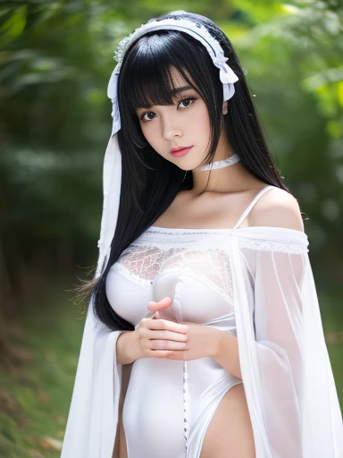 Super detailed characters,Depicts a 25-year-old woman wearing a sheer, transparent silk Hanfu,Immerse yourself in ultra-detailed forest environments,Towering trees background,Her hair black and shiny,The cleavage protrudes,Sharp,Presents a very dynamic effect。The picture full of color,Use real photography art,Added motion effects。Overall ancient style,screen forward,human body panorama。