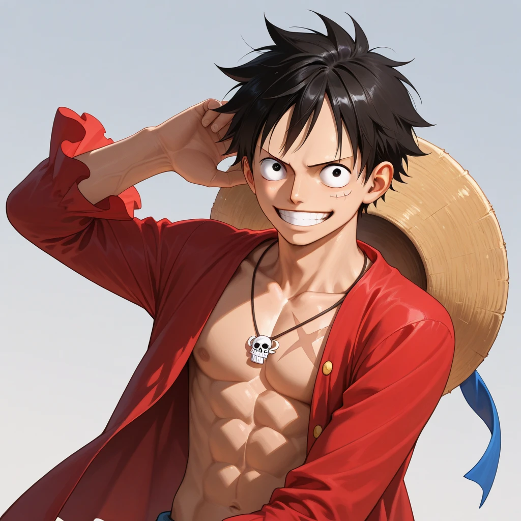 A highly detailed illustration of monkey d luffy, wearing a straw hat, scar under left eye, smiling, teeth, open mouth, cowboy shot, looking at viewer, luxury room, black suit