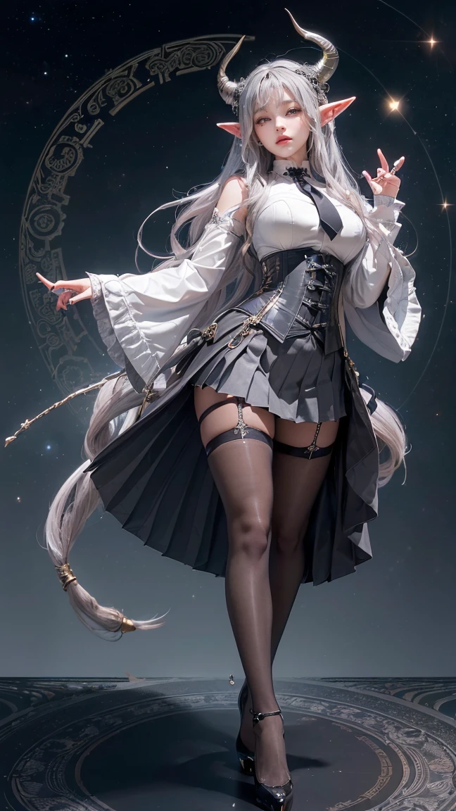 Masterpiece, best quality, Ningguang from Genshin impact, (full body), (black rococo dress), elbow length latex gloves, black patent leather high heels, long hair, white hair