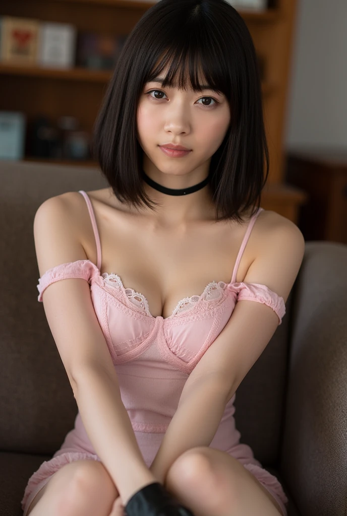 (masterpiece, Highest quality:1.4), Award-winning portraits, 8K, 85mm, alone, Beautiful Face, Delicate girl, (Bedroom at night), Sophisticated, cute, , RAW Photos, Confused, High resolution, Sharp focus, Background Blur、(((Flat Chest 、thin and delicate body、Childish atmosphere)))、shiny semi-long hair、ponytail、I have a small mole on my left cheek、 Dark brown eyes、sexy、flexible legs、Knee Shot、Smile shyly、Shot from below、Are sleeping