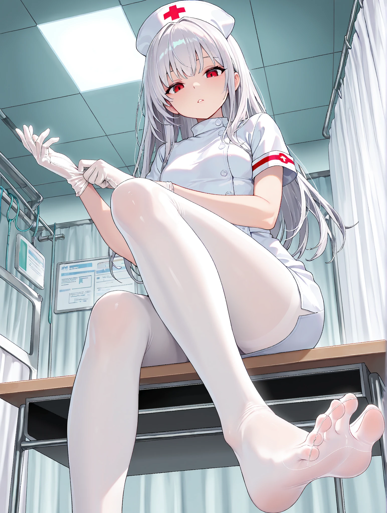 Best anime 4K section wallpaper, best poster, hospital, white nurse costume, nurse cap, injection, injection, smile, close-up of one foot, unimaginable footstep details, poor breasts, wearing 20D white stockings, delicate face, good-looking eyes, seductive anime girl, exquisite details