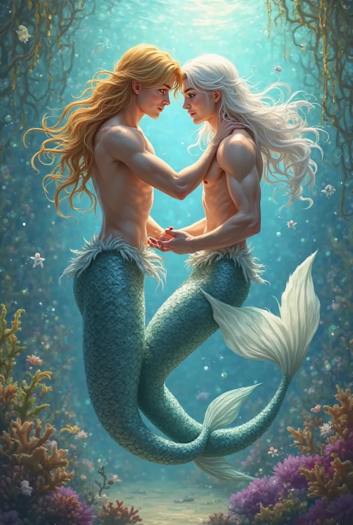 (masterpiece,Distinguished Quality,Mirror-like,Cinematic Experience, insanely detailed,absurdres),8k,(full image shot), the shimmering, iridescent depths of an enchanted ocean, (2 males:1.6),fighting,mesmerizing sirens,(male, with manly mermaid tale:2.0),(male siren),(black metallic manly tale),(manly abs),(all hair types are in),Black hair:2.0),aquamarine eyes gleam with an otherworldly allure, shimmering, crystalline tail glimmers with a soft, ethereal light, beckoning sailors to their doom with a haunting, melodic song that echoes through the mystical, moonlit waves, Imagine the captivating, underwater scene!