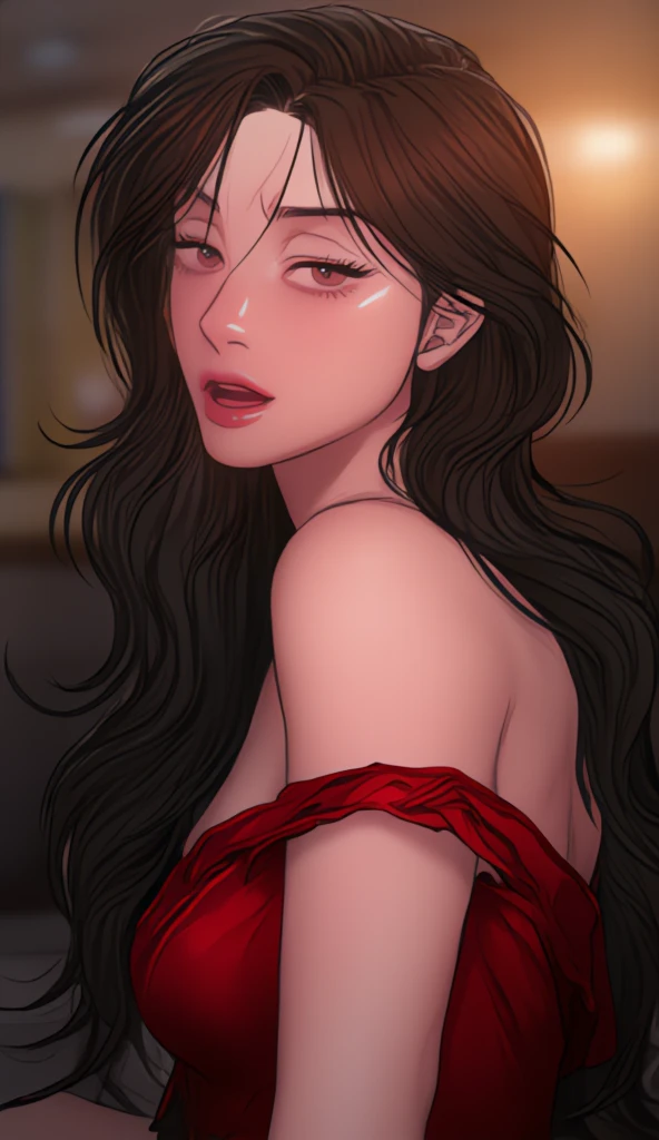 Dione , ,(Thick lips、Sensual lips、Bright red lips that reflect light), ,  (masterpiece, Highest quality), alone, , fw.lady., Mature Woman, sexy, hot, Blurred Background, Detailed aspect, Cleavage , Sleek short hair, Earrings , Mature Woman, Mature Woman face,Transparent nipples,Painful expression. ,((Painful expression with ???????,Protruding chin, Open your mouth,blush))look up,Full Body Shot、(((Red nightgown))),Photo Art、Wet textured hair、Sweat、White Breath、sex appeal、charm