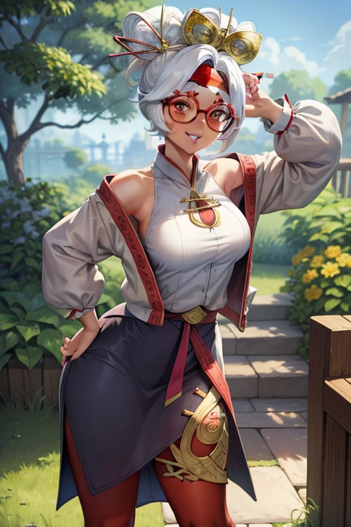 Obra maestra, La mejor calidad, Purah, diadema roja, adorno para el cabello, Palitos para el cabello, gafas rojas, chaqueta blanca, Camisa blanca sin mangas, falda negra, pantimedias naranjas, De las manos a las caderas, Parte superior del cuerpo, puerta de madera, Casa, smug smirk, descalza