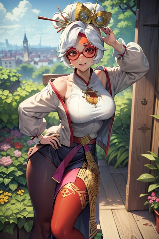 (masterpiece, best quality:1.2), <lyco:purah-nvwls-v3-final:0.8>, <lora:concept_yokozuwari:1>, solo, 1girl, purah, smile, looking at viewer, yokozuwari, sitting, red glasses, hair ornament, hair stick, red headband, white shirt, bare shoulders, white jacket, black skirt, orange leggings