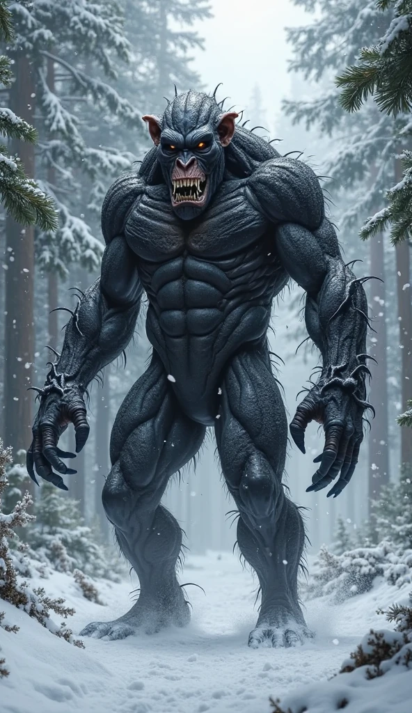 Ligre(hybrid). stomach 1.70 meters high. And 4 meters long. Coming out of a pine forest with dark sky and snow falling.
