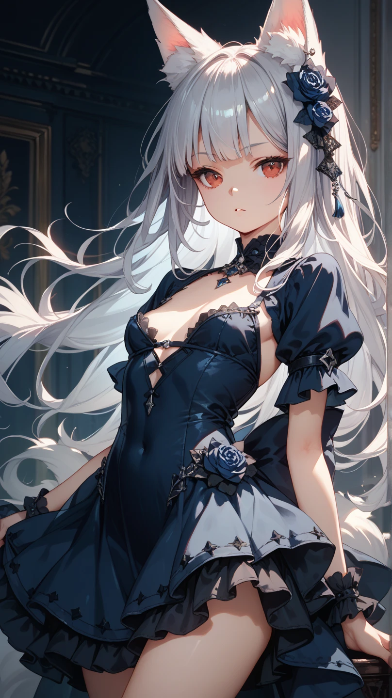 8k,High resolution RAW color art,Anime Art, (((Very detailed and cool))), Detailed skin, Blur、texture,(Exquisitely crafted, The finer details, Ultra-detailed art), (((1 girl))), Depth of written boundary, Silky Touch, Hyper Detail, (((Cool face))), eye shadow、Silver Marble Skin, Beautiful detailed red eyes, Beautiful lip detail, Very delicate face, Delicate depiction of hair and eyes, Detailed Fashion, Silver earrings,Silver Bracelet、Full body depiction, Black half top、(((Shoulder Bare)))、Black shorts、black waist cloak、black tights、 A little bit of grey hair, Straight Hair、Semi-long hair、(((Hair)))、water surface、silk clotheatte

