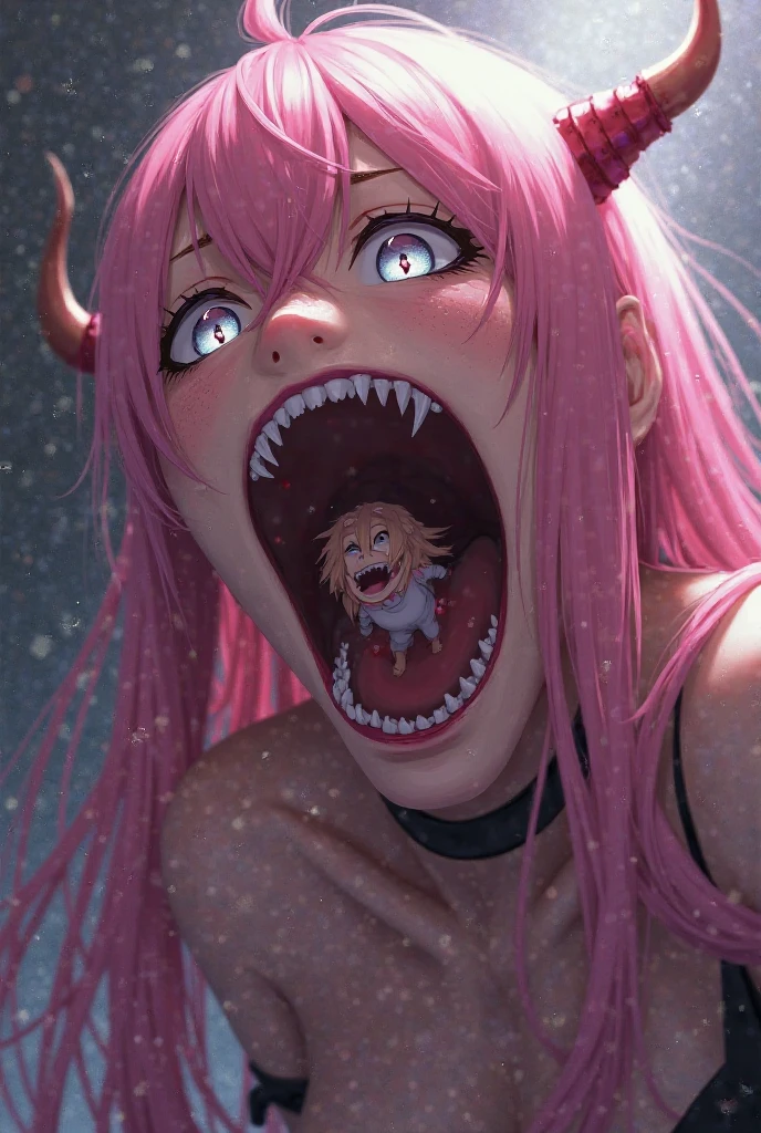 Realistic Anime、Highest quality、masterpiece、anatomically accurate composition、giantess mouth、Precise mouth、Woman&#39;s mouth、Detailed mouth、In the mouth、Detailed teeth、Drooling、Giantess、Destroyed cityscape seen in the distance、rubble、Mountains in the distance々、smile、Scary face、Horror、Open your mouth、A giant face looks down、A devastating world、Eat the World、Horror、There is a huge difference in physique、Real Anime