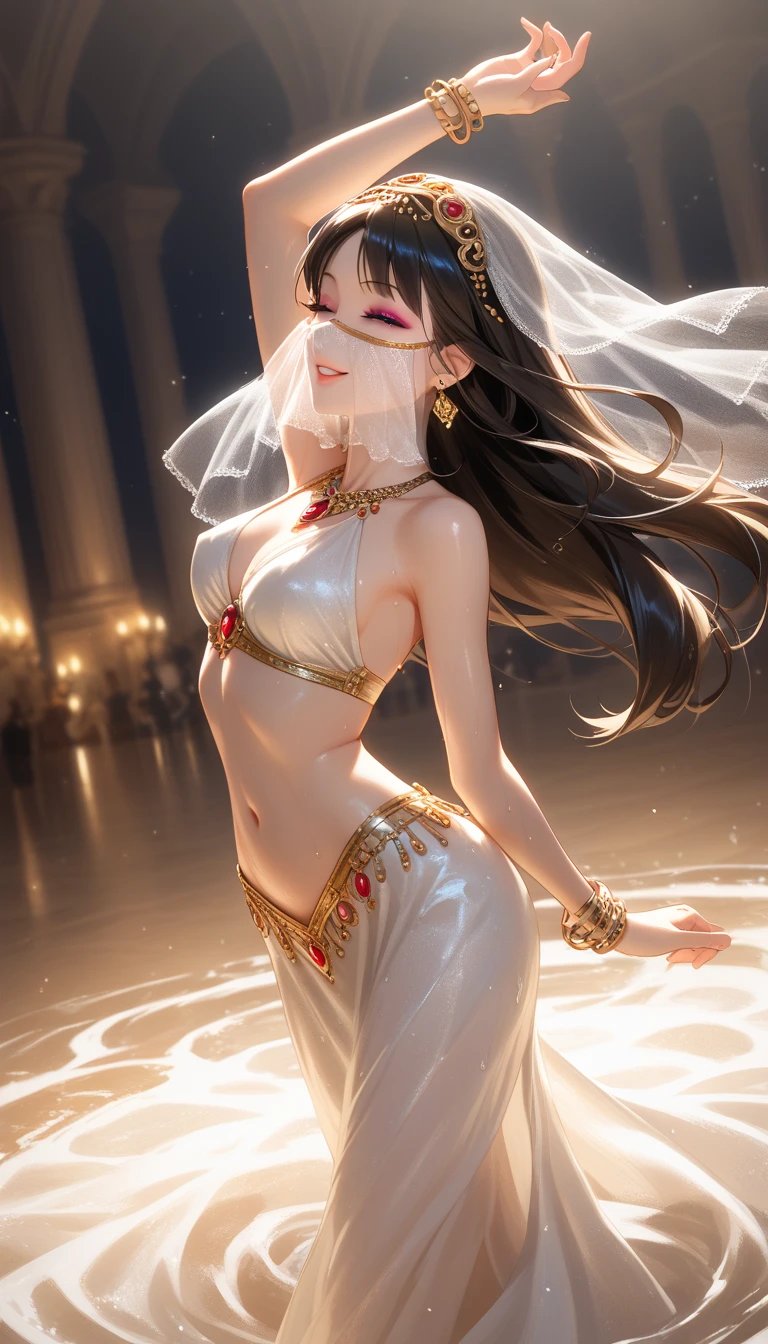 absurdres, RAW photo, extremely delicate and beautiful, masterpiece, Best Quality, ultra high resolution, 32k, hyperrealistic, ultra-detailed, perfect anatomy, anatomically correct, perfect figure, super Detailed skin, pale skin, 20 years old, very Slim body, narrow waist, very small head, very small face, delicate facial features, detailed face, detailed eyes, tearful mole, earring, thin legs, bare legs, ((very huge round breasts)), short medium hair, ((wavy hair)), wet clothes, ((Belly dancer costume)), ((mouth veil)), anklet,