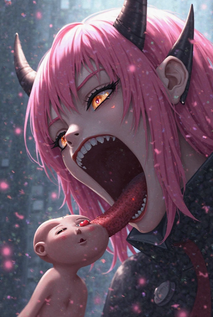 (best quality, 8k, 32k, masterpiece, UHD:1.2), highres, sharp focus, beautiful detailed face, delicate details, (cartoon cow girl with her mouth open and teeth showing) , 1girl, solo, pov, no background, (face close up), (looking at viewer), (head up), not wearing headgear, ((vore)), smile, (red gum), (((big teeth))), (naked), big mouth, (lighting forward), perfect teeth, pink hair, saliva