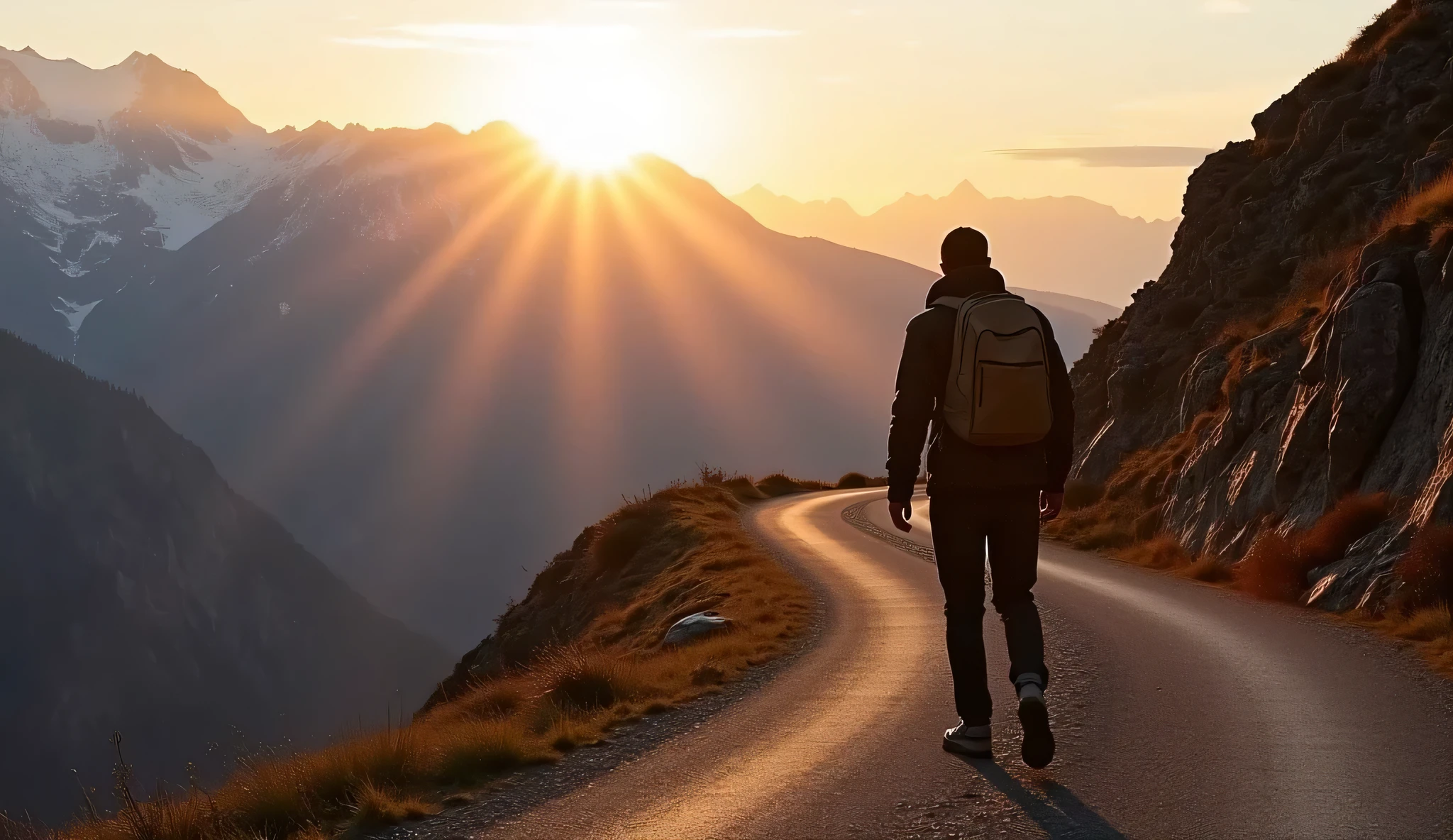 A highly detailed, photo-realistic image of a determined individual walking along a rugged mountain road at sunrise. The subject is in sharp focus, with a vivid, meticulously rendered background of majestic mountains and a clear sky. Cinematic lighting accentuates the emotional intensity and natural beauty, creating an inspiring and dynamic scene