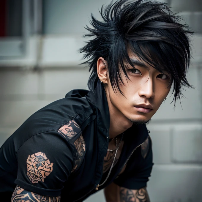 1 man, Japanese man, male, Asian eyes, muscular, broad shoulders, yakuza tattoos, hairstyle Visual Kei style, hair Visual Kei, black men's shirt and black pants, ultra detailed face, hyperrealistic, realistic representation, long hair, long hair, 30 years old, age 30 years, blonde hair, full body view