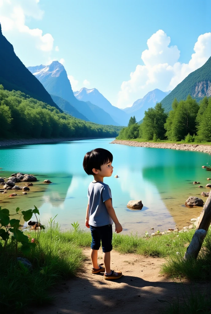 On the wooden railing by the lake stood a handsome little boy with a tall nose approaching the lake, with the mountains in the background