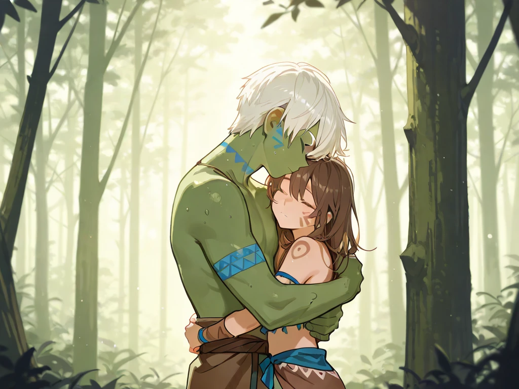 (8Kmasterpiece,highest quality:1.4),Ultra-high resolution,(masterpiece:1.4),hyper detail BREAK (1 girl,1 middle aged man,standing doggy style sex:1.5),(man is grabbing girl's ass from behind:1.6) BREAK (girl),Beautiful Face,(dark green eyes),(Sleepy eyes:1.4),(Thick eyeliner:1.3),Beautiful and delicate eyes,(Thin and long eyelashes:1.3),artistic makeup,(white hair),(blunt bangs),(short ponytail hair),(shy),(smug:1.3),(condescend laugh:1.3),open mouth,(close eyes),(slender body),(big breasts:1.3),(big thights),big ass,(big areola:1.4),(perl areola:1.3),(long breasts:1.5),(body painting of tiger stripe:1.35),(nude:1.6)
BREAK (forest:1.3),(outside:1.2),ray of sunbeams,breeze
BREAK depth of written boundary,(looking away:1.4),(nfsw:2),shot from side