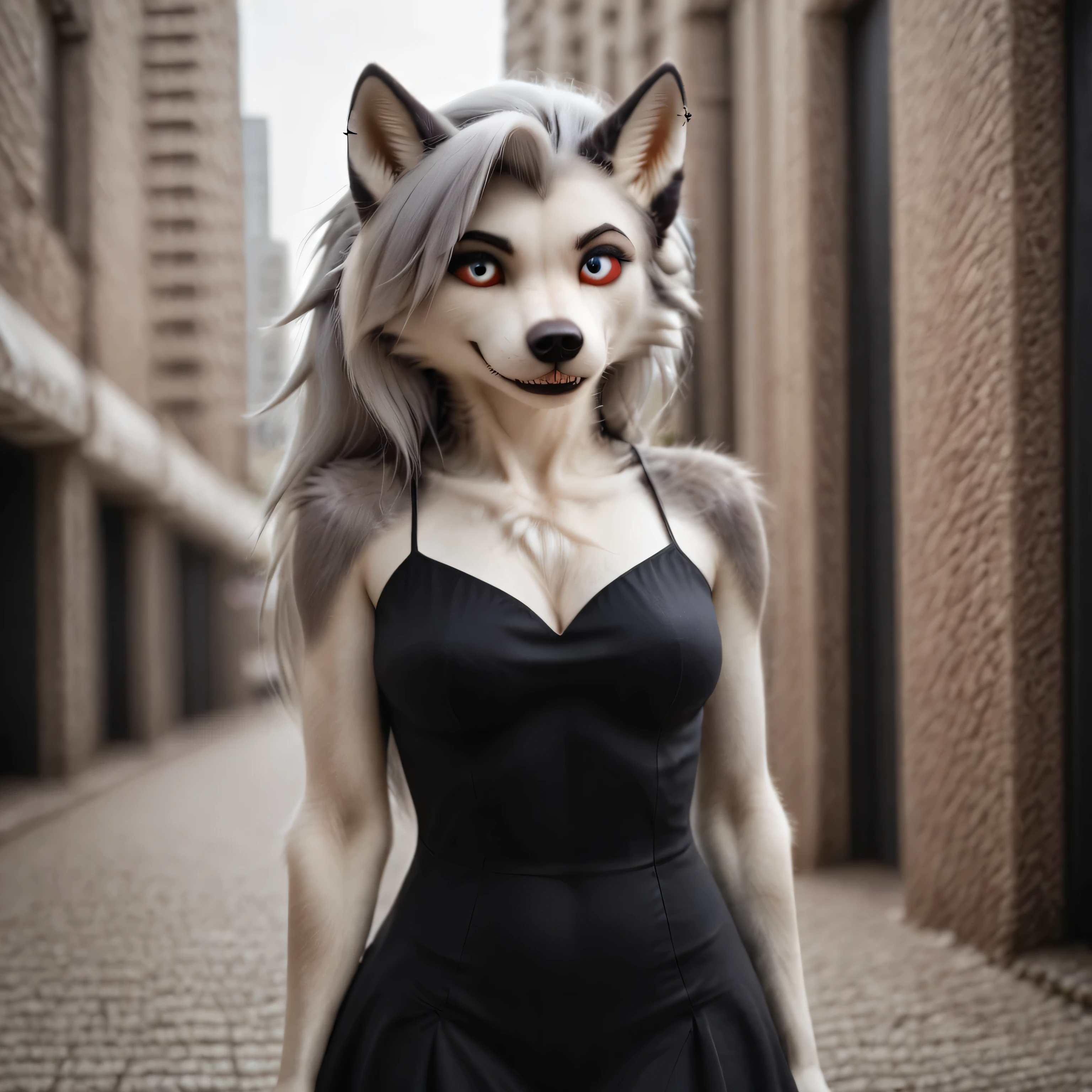 1girl,solo,amazing composition,incredible lighting,smiling,detailed background,outdoors,Loona,furry,anthro,city in hell,black tight dress, black boot high helss,