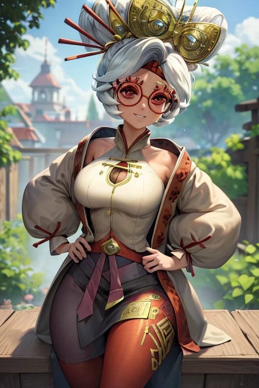 1 girl, red eyes, white hair, (long twins braids), wearing a long regal dress, fingerless gloves, (below glasses), thong, smile, cleavage, posing in a library, | (8k, RAW photo, best quality, masterpiece:1.2), ultra-detailed, (high detailed skin:1.2), 8k uhd, dslr, soft lighting, high quality, ((upper body)), (centered:1.2), ((LOOKING at the VIEWER)), asura, film grain, highly detailed shading, ((perfect_hands):1), Goodhands-beta2, Detailed eyes, perfect face, perfect eyes, Detailed face,