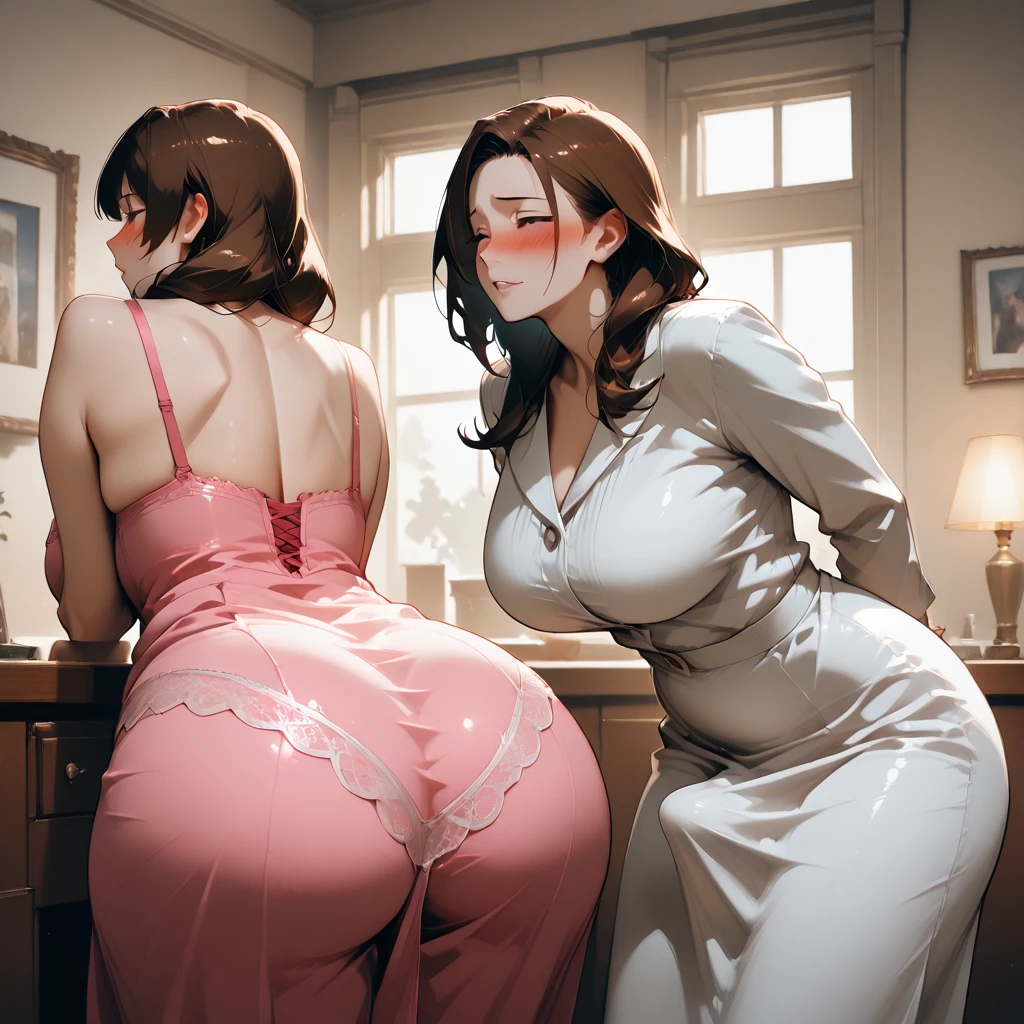 (((solo,1woman, mature, alone))), aerith gainsborough, ((brown hair, ponytail, hair bow, bracelet, very long hair, hair ribbons, hair flowers, glowing green eyes, wide eyes, lipstick, makeup, narrow waist, skinny, medium breasts)), pelvic curtain, ((pink panties, pink bra, strapless red dress, pink dress)), full body, perfect body, (insanely detailed, beautiful detailed face, masterpiece, best quality), (extremely detailed 8k paper CG wall unit: 1.1), (bedroom, dusk), (naughty face for the viewer), bent over, big ass, View from behind, Diagonal view