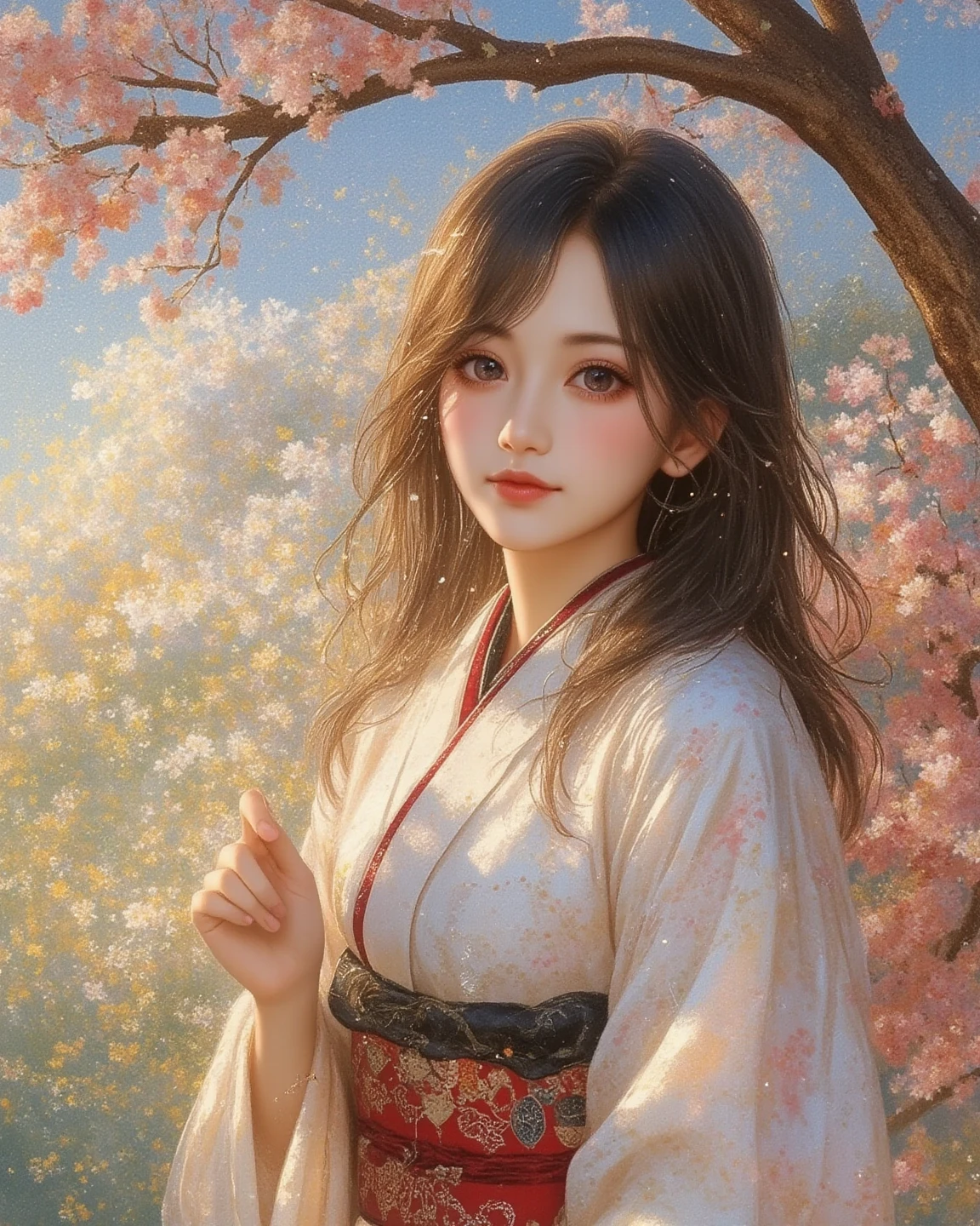woman in a beautiful Japanese kimono、sparkling detailed black eyes、moist lips、 loose wavy hair 、black hair、quiet atmosphere、smile、Gesture Bringing Her Hand Forward、Tree with Iridescent Leaves々 、natural light、quiet atmosphere、Twinkle、fluffy、Top Quality、high image quality、masterpiece:1.4、4K、watercolor:5、Tree with Iridescent Leaves々 々、natural light、quiet atmosphere、Twinkle、fluffy