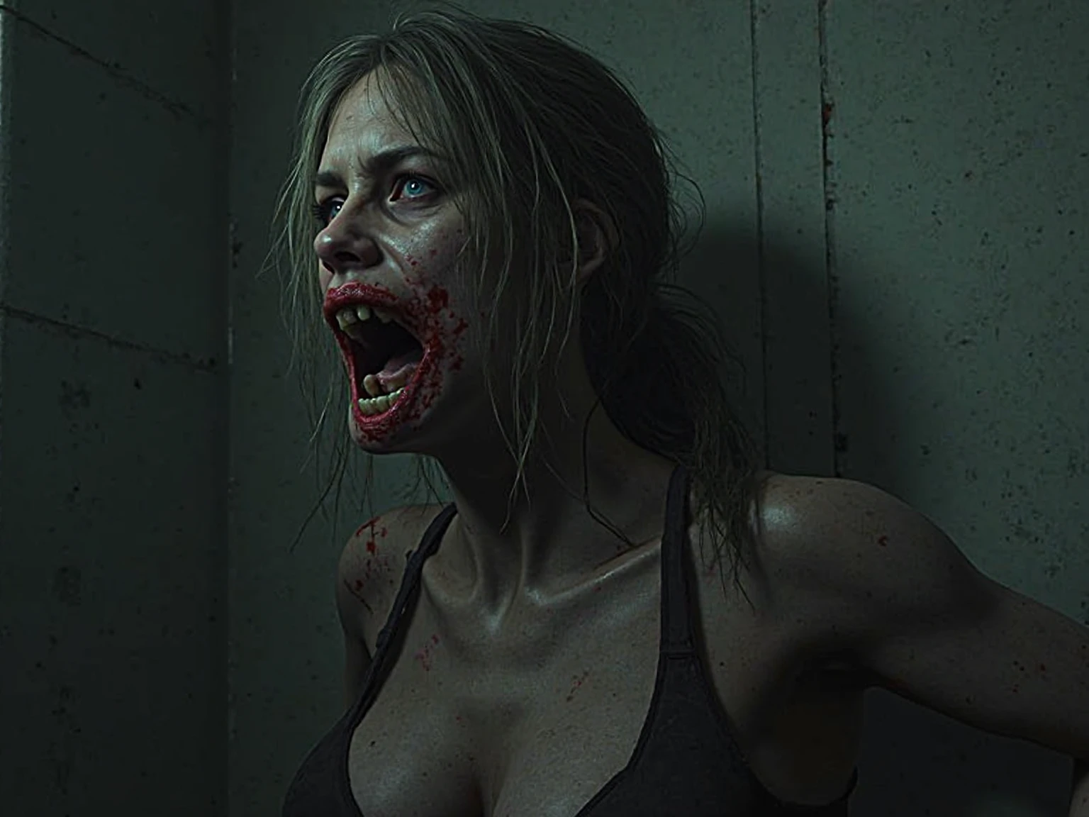 (masterpiece, best quality:1.2), ((RAW photo, Best quality)), (Realistic, photo-realistic:1.2) hot a zombie girl, horror, creepy, night, (((White eyes))), angry. ((Pale or greenish skin)), hottinig Body, wounds, empty eyes, torn clothes, slow movements, guttural noises, aggressive and cannibalistic behavior. Cinematic lighting.