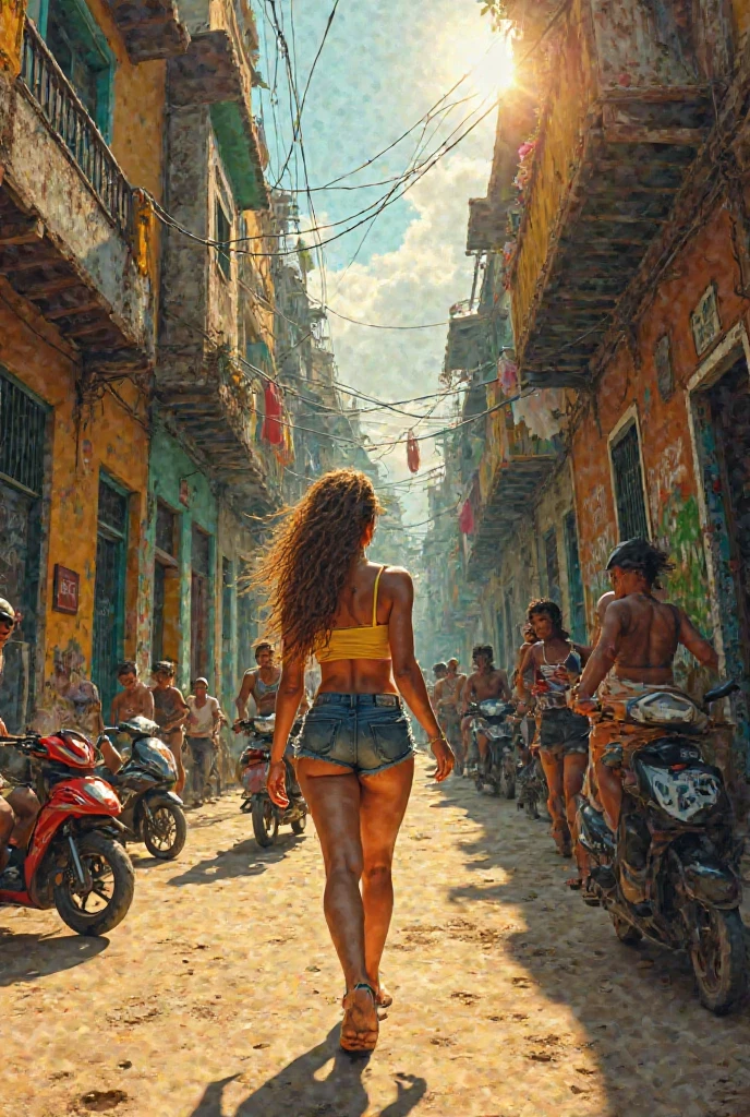 Photograph of a group of two beautiful Brazilian girls in bikinis in a favela in Brazil, full body, faces made up, brown eyes, small tattoos, traffic in the background, straight black hair, nearby yacht. Camera: Sony a7 III, Lens: Sony FE 70-200mm f/4 G OSS, Aperture: f/11, Shutter speed: 1/400s, ISO: 400, Focus mode: Continuous, Image stabilization: On, White balance: Auto, Metering mode: Multisegment, Exposure compensation: 0, Flash: Off, Angle: Full body angle, Composition: Rule of thirds, Background: Blurred, Depth of field: Shallow, Tripod: No, File format: RAW.