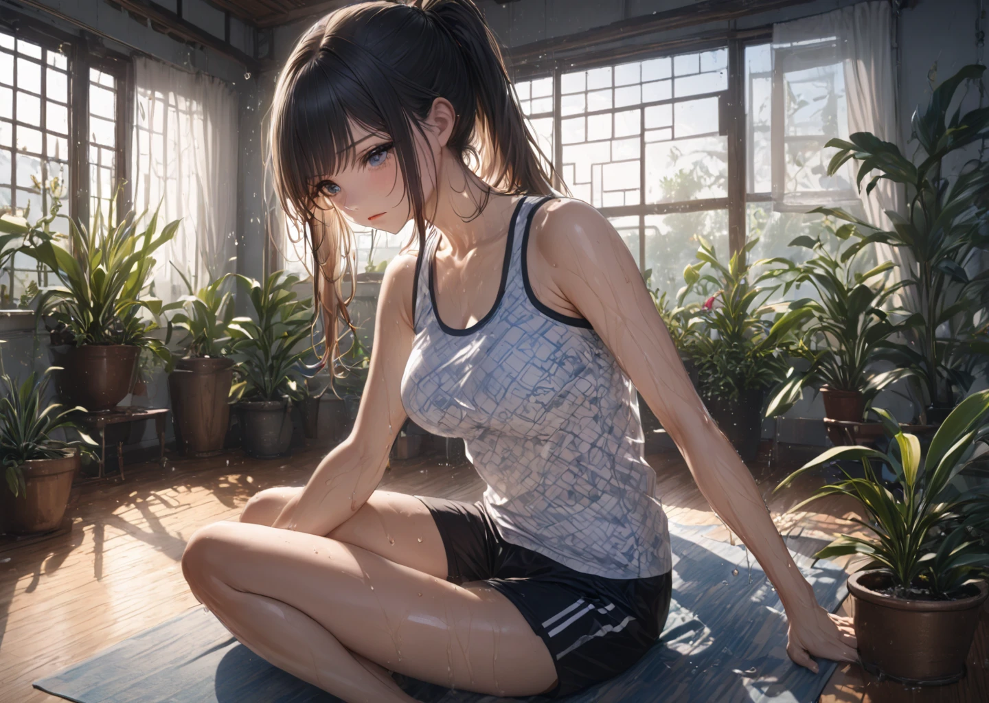 ((best quality)), ((masterpiece)), (detailed), perfect face, 1girl, long black hair, disheveled hair, ponytail, exhausted, soaking wet, punching, wearing white sports bra, black spandex shorts, blushing, perfect lips, fit, outside, early morning, grassy park, sitting at park bench, running shoes, high res, ultrasharp, 8K, looking at viewer