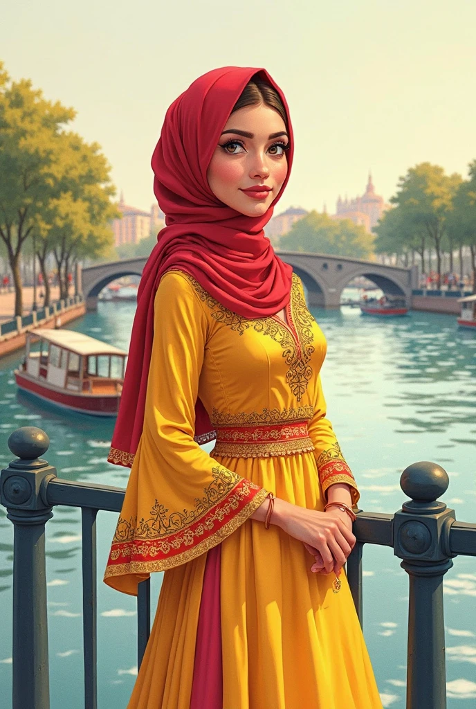 A cinematic photorealistic color digital painting of a 26 yo gorgeous appealing amative red haired wears hijab dress looking at viewer gently, ornated modest dress, blush, light laugh, sit on chair at a resto, detailed face, insanely detailed and intricate, crisp sharp and clear, volumetric lighting, ultra-high resolution, masterpiece hyper realistic artwork of Don Lawrence, insanely detailed and intricate, centered, professional Color Grading by Kenneth Hines Jr., cinematic aesthetic lighting art by Tim Burton trending on Artstation.