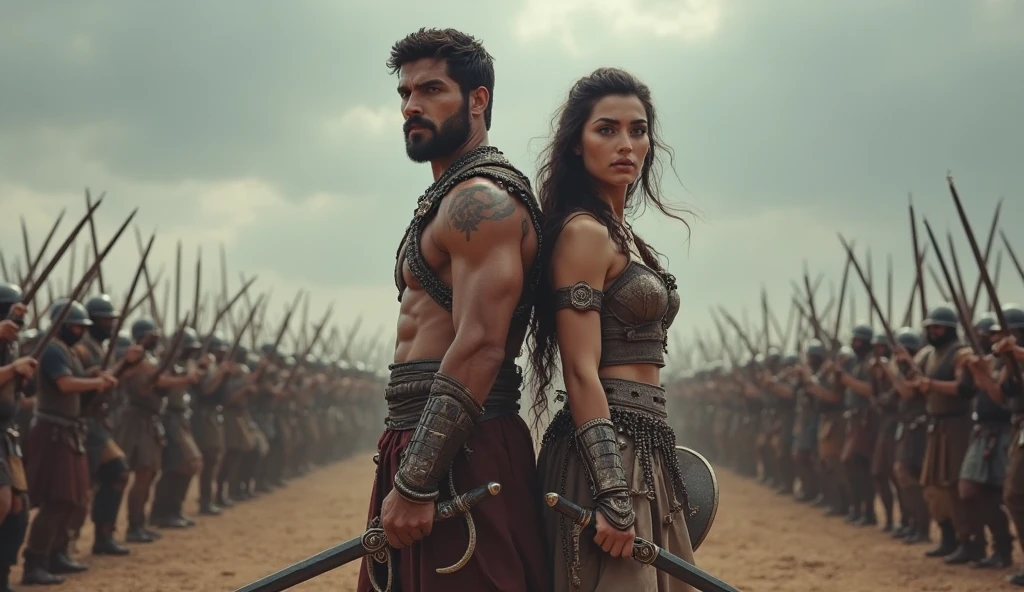 a realistic photo of an ancient gladiator couple, fantasy, dramatic lighting, detailed armor, intricate tattoos, intense expressions, chiaroscuro, cinematic composition, dramatic fog, moody colors, volumetric lighting, (best quality,8k,highres,masterpiece:1.2),ultra-detailed,(realistic,photorealistic,photo-realistic:1.37)