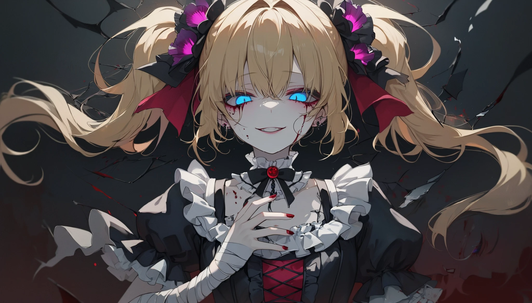 Top quality, masterpiece, 748cm style, upper body, single girl, looking down at the viewer, crooked smile, sinister blue eyes, glowing pink irises, messy pigtails, bandages, broken accessories, blood red nails, pale skin, gothic ta fashion, faint blush, dark atmosphere, delicate jewelry, blue eyes, golden hair