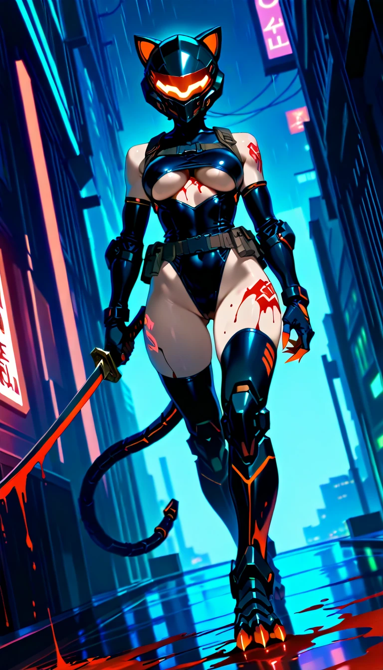 Zombie experiment woman, Short gray hair, Red eyes, Dead Gray skin, Blood dripping from skin, sharp teeth, sinister eyes and sinister smile, Old Machine armors on top of arms, Old machine on top of legs, Full body naked, Vagina exposed, Nipple exposed.